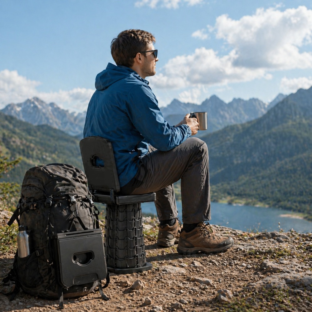 Collapsible Stool with Backrest — Portable Telescopic Seat for Camping, Hiking, Fishing & Travel | Supports 550 lbs