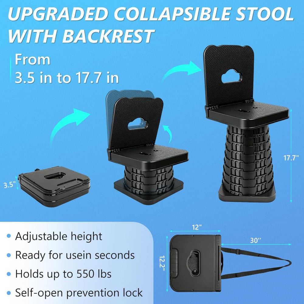 Collapsible Stool with Backrest — Portable Telescopic Seat for Camping, Hiking, Fishing & Travel | Supports 550 lbs