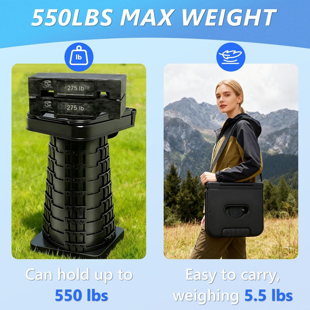 Collapsible Stool with Backrest — Portable Telescopic Seat for Camping, Hiking, Fishing & Travel | Supports 550 lbs