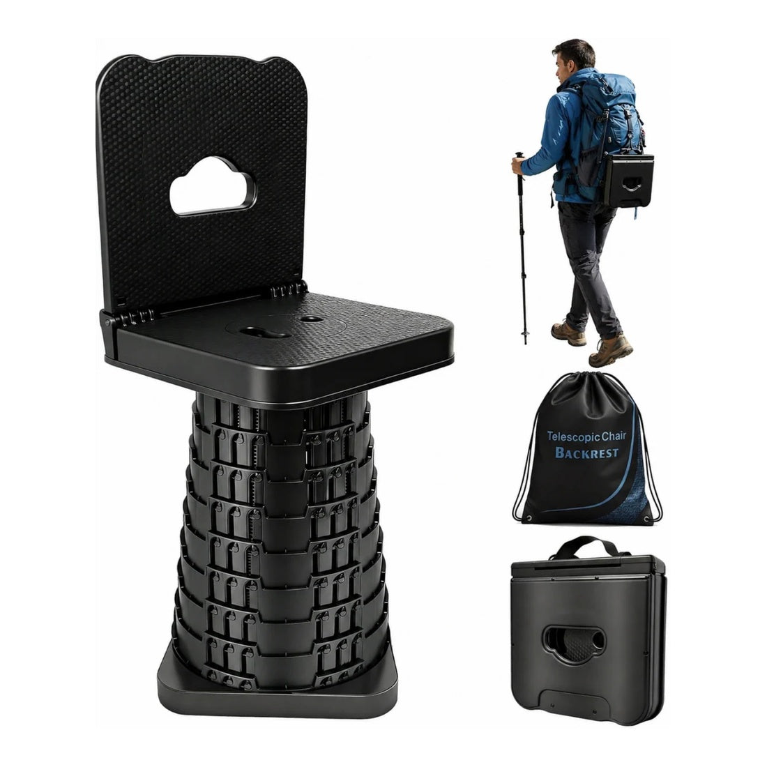 Collapsible Stool with Backrest — Portable Telescopic Seat for Camping, Hiking, Fishing & Travel | Supports 550 lbs