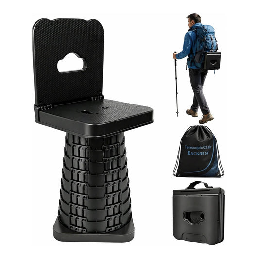 Collapsible Stool with Backrest — Portable Telescopic Seat for Camping, Hiking, Fishing & Travel | Supports 550 lbs